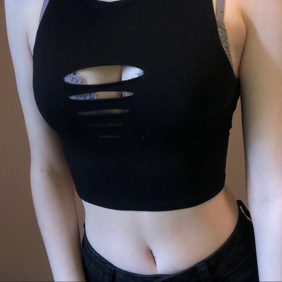 Black Ripped Work Out Crop Top - Picture 1 of 6